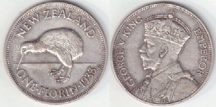 1933 New Zealand silver Florin (VF) A002551